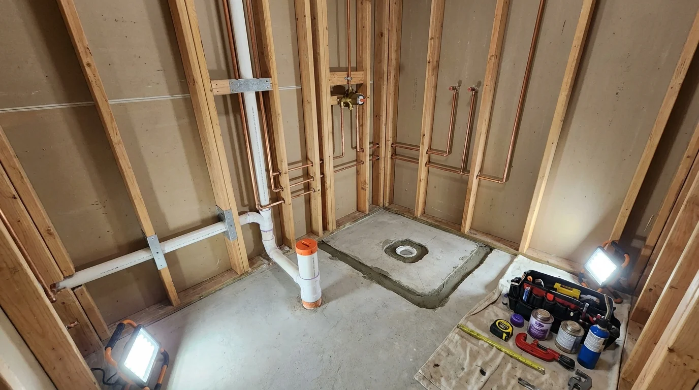 Bathroom rough-in plumbing during remodel by Johns Plumbing LLC in Waretown