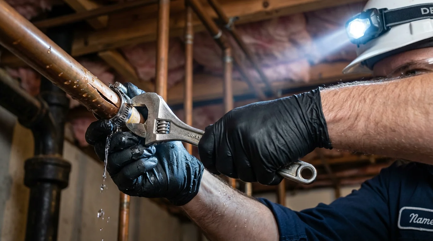 Emergency pipe clamp repair being performed by a Johns Plumbing LLC plumber in Waretown
