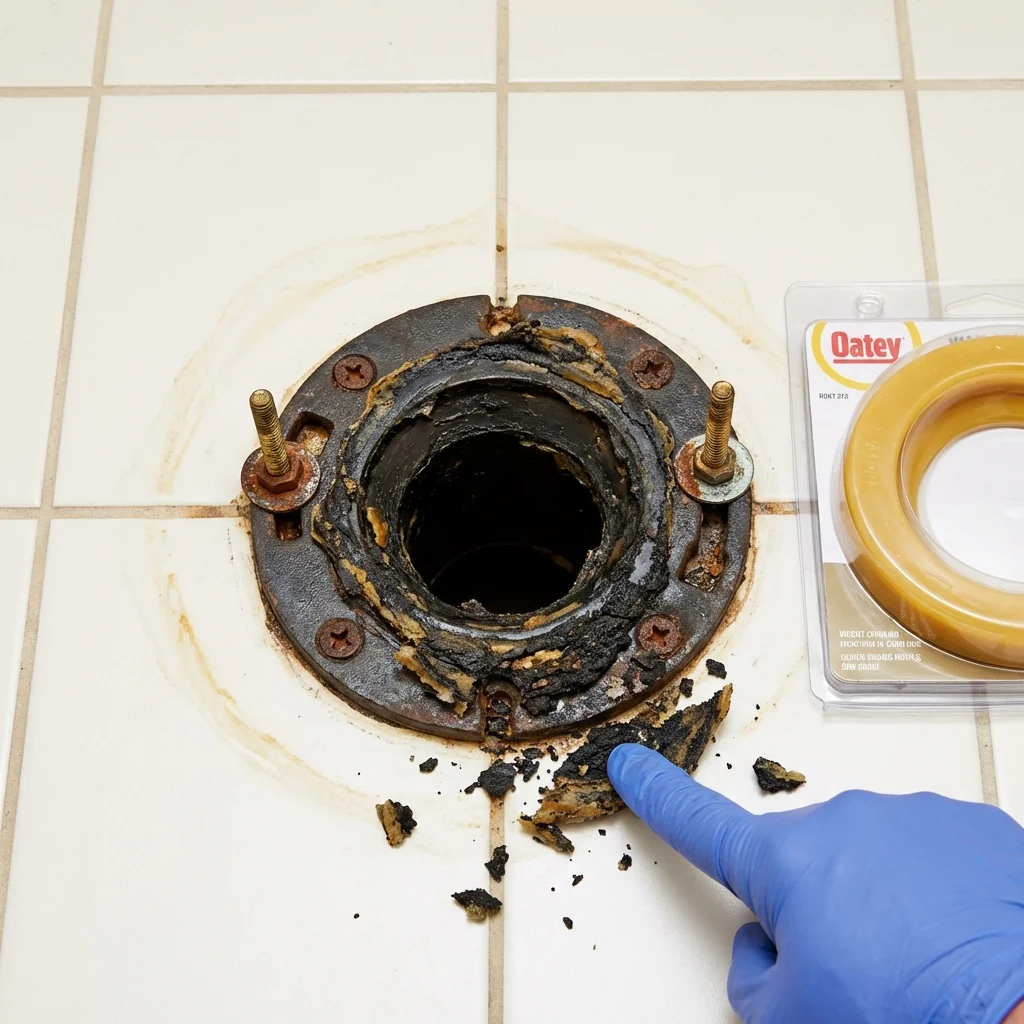 Failed wax ring showing water seepage at the base of a toilet in a Waretown, NJ home