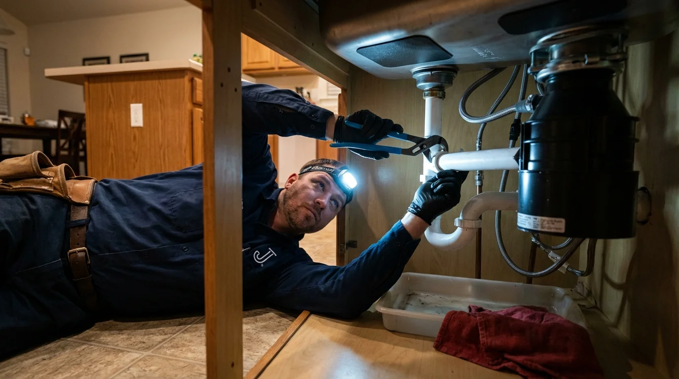 P-trap and supply line connections under a kitchen sink showing a common leak point in Waretown, NJ